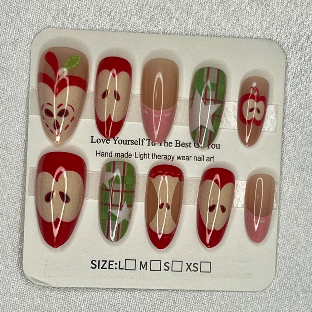 Handmade Apple & Plaid Press-On Nails in Red, Green, Beige